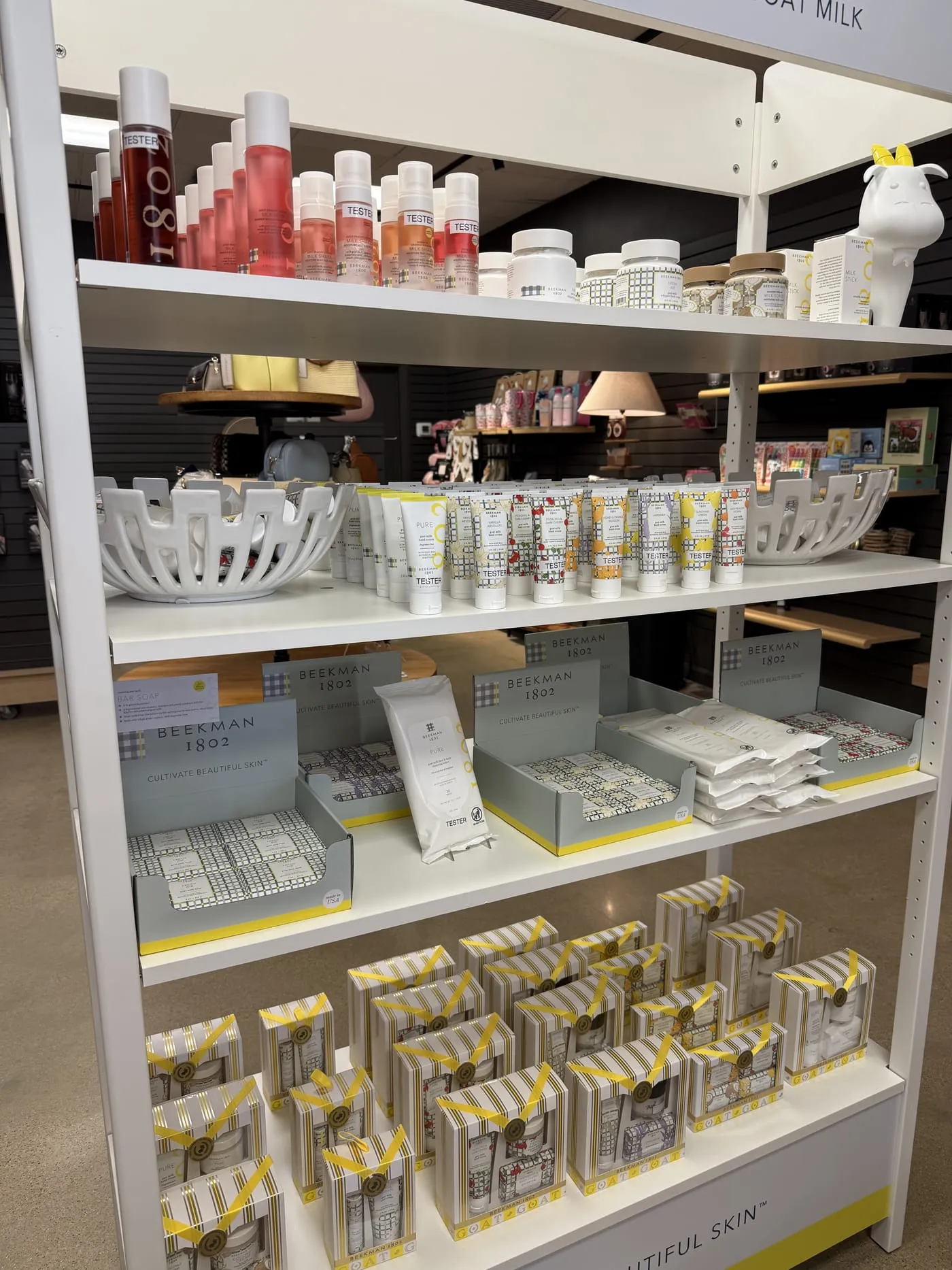 Beekman 1802 goat-milk bath and body shelf at Gugu Gifts in Terrell, TX